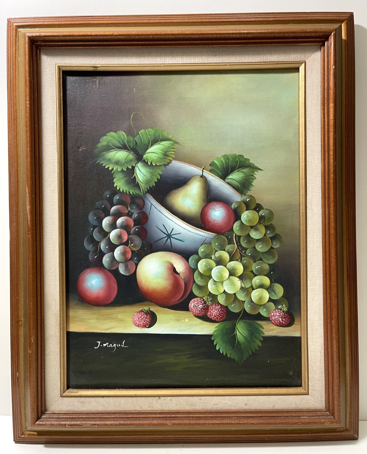 J Magus Oil on Canvas Still Life Fruit Painting Signed Framed 21″ X 17″
