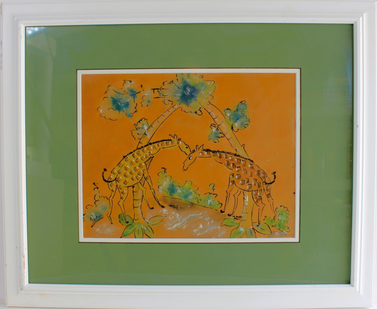 ANTIQUE WATERCOLOR INK ON PAPER DATED 1947 SIGNED M KARR GIRAFFES
