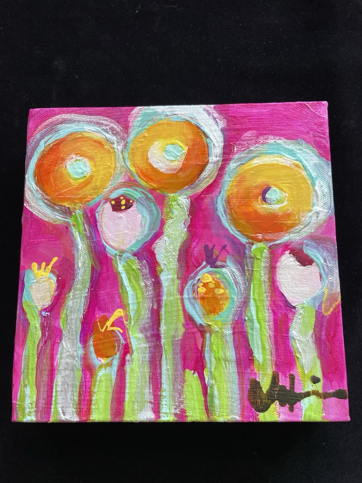 Poppies On Fuscia “ AnOriginal Acrylic Painting 8”x8”x1.5”On Canvas.