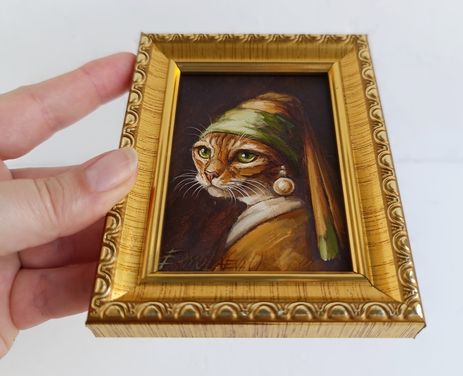 ACEO Cat with Pearl Earring Oil Painting Framed Original Artwork 2.5×3.5 in