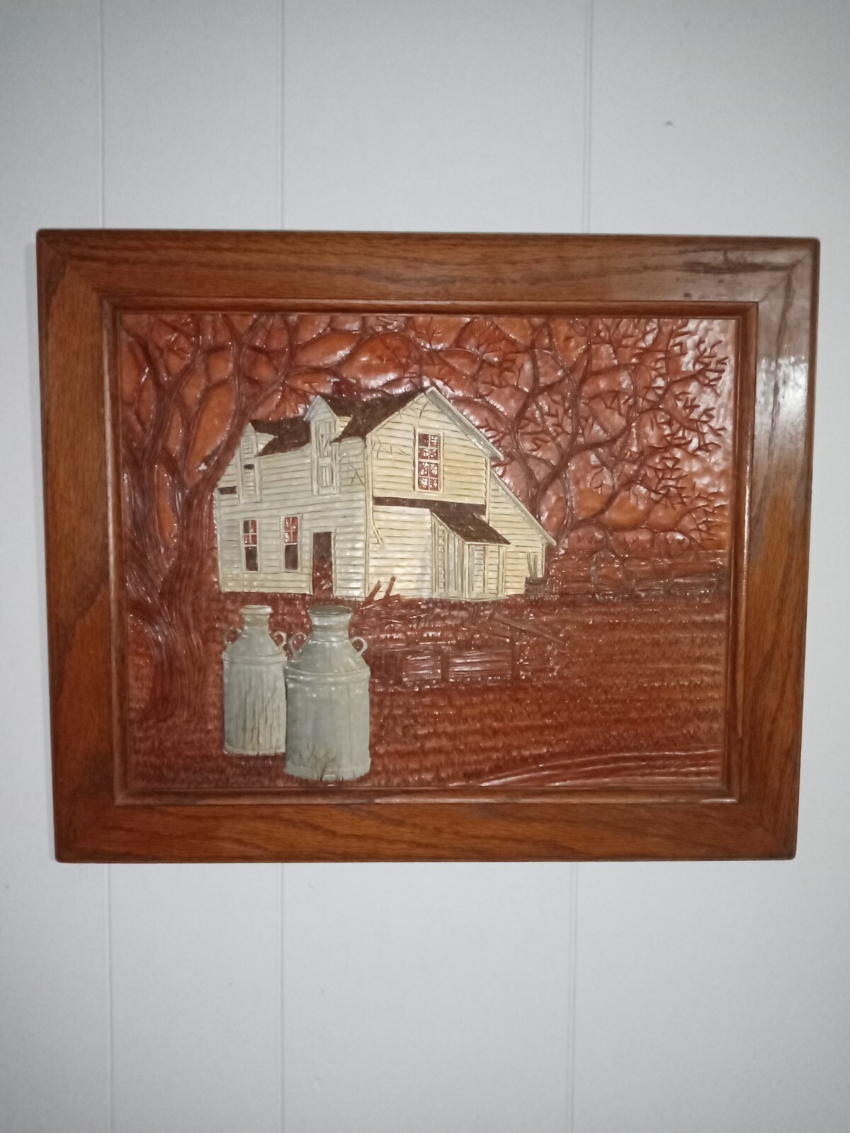 Orig. Stephen Brown Leather Scenes Hand Tooled Leather Art, Signed, Farm Scene