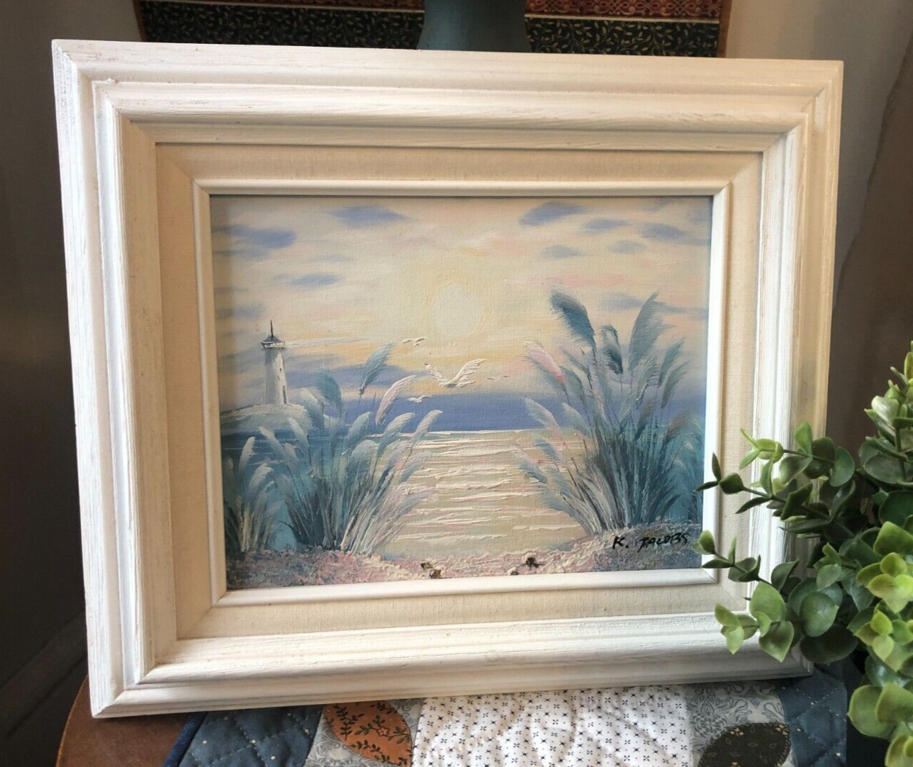 Original Beach Framed Art Oil Painting Ocean Lighthouse Gulls Signed K Jacobs