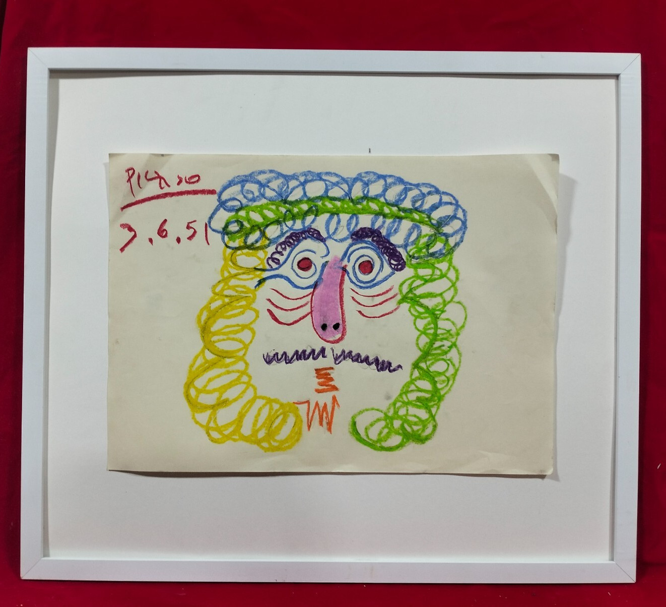 PABLO PICASSO PASTEL ON PAPER TETE D HOMME SIGNED AND DATED 1951 WITH FRAME