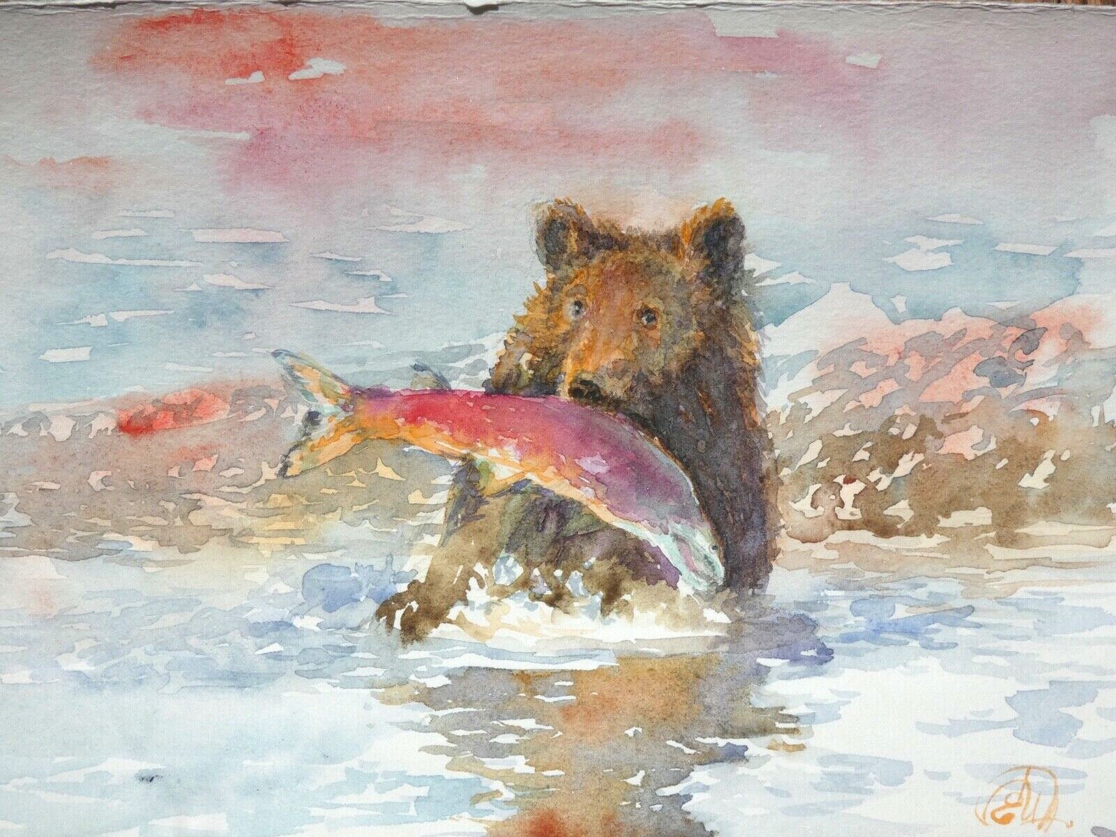 WATERCOLOR PAINTING AQUARELLE HAND PAINTED BEAR CAUGHT SALMON ALASKA HUNTING