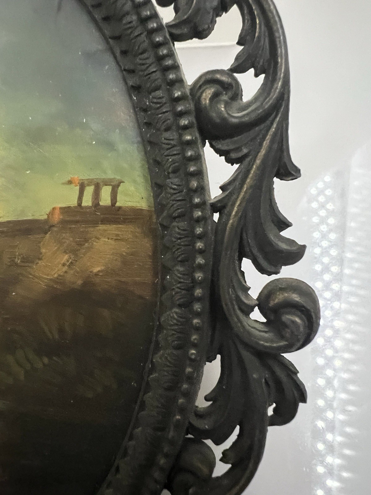 Antique Small Italian Painting With Brass Filigree Oval Frame 5.5″x 4″