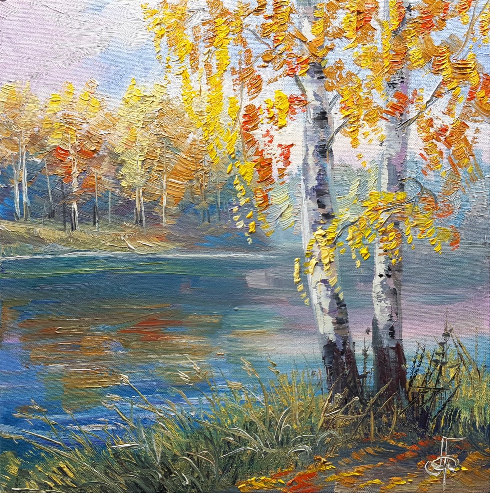 Autumn River Birch Trees Landscape Oil Painting Original Wall Art Canvas 8×8 in.