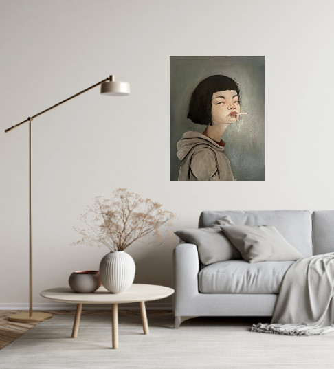 Original Oil Painting woman portrait smoking girl wood 18×24 I’m on my break!