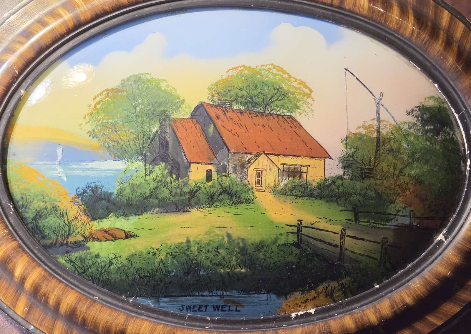 Antique Oval Reverse Painting Bubble Glass Sweet Well Tiger Wood Frame Victorian