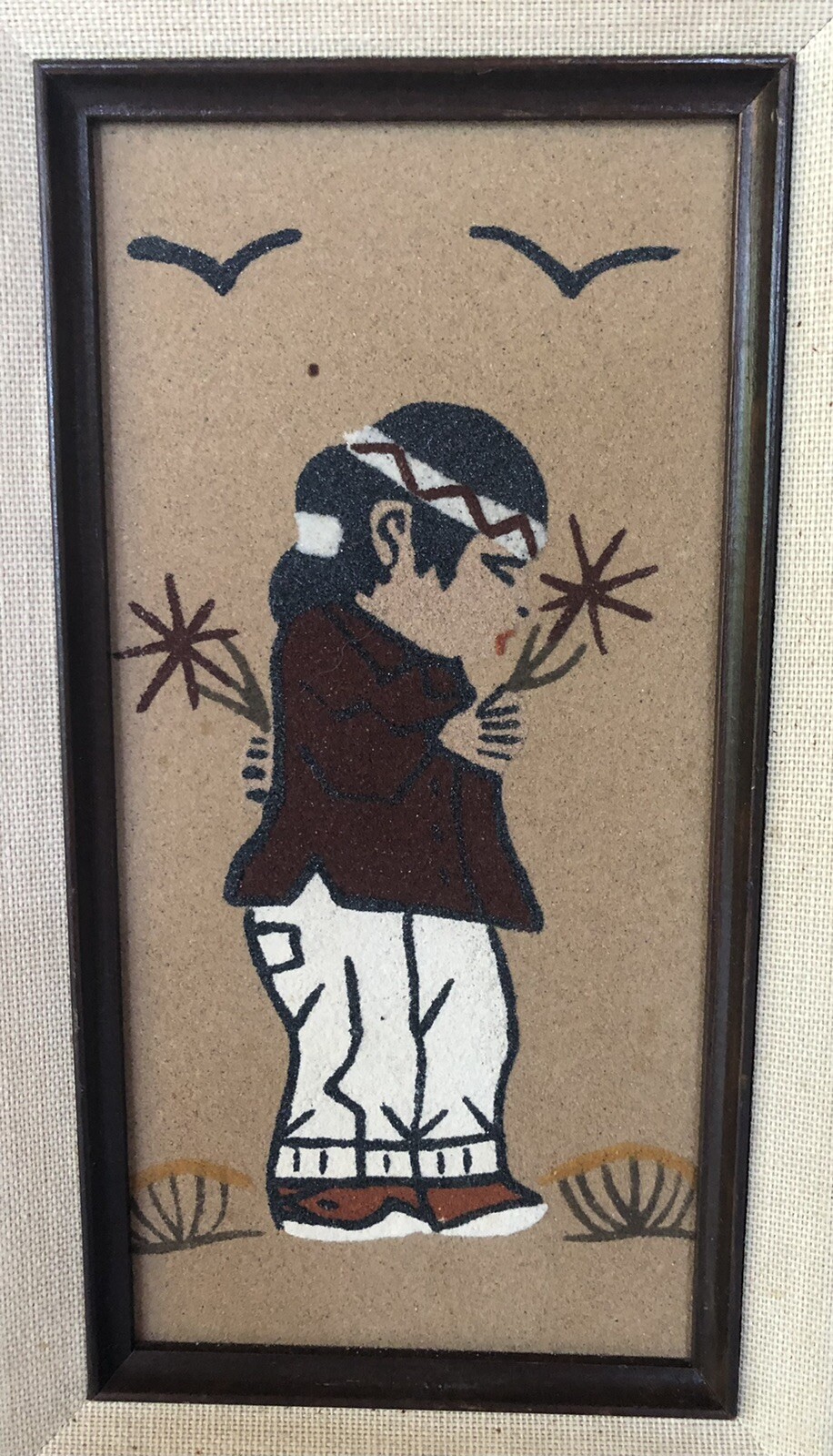 Vtg Navajo Boy Sand Painting Carved Wood Frame 13″ x 9″ Artist Signed