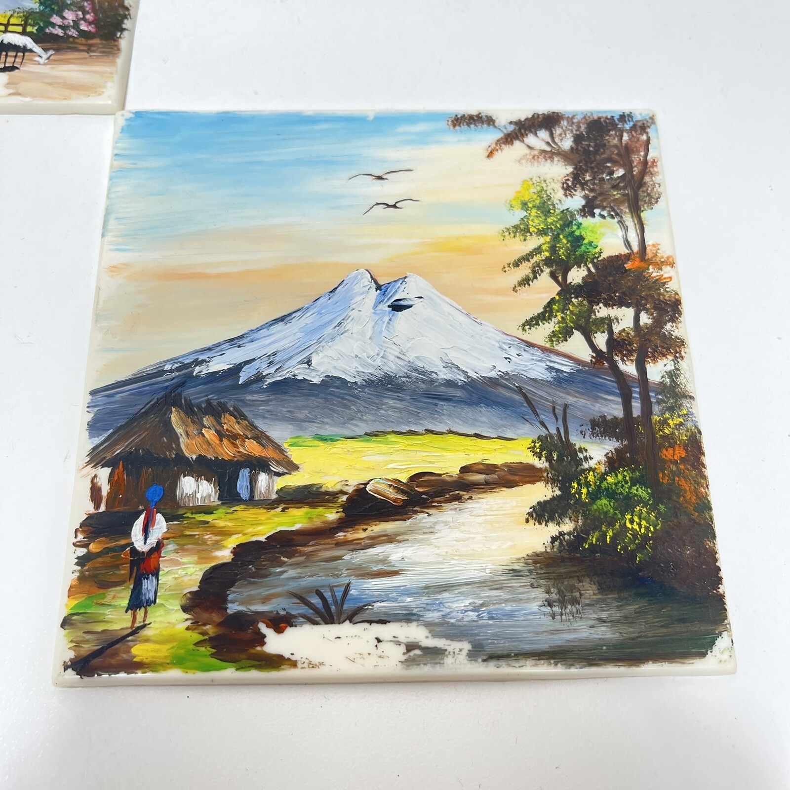 5 Ecuador Folk Art Hand Painted Plastic 4”x 4”Tiles Signed Los Altares Cotopaxi