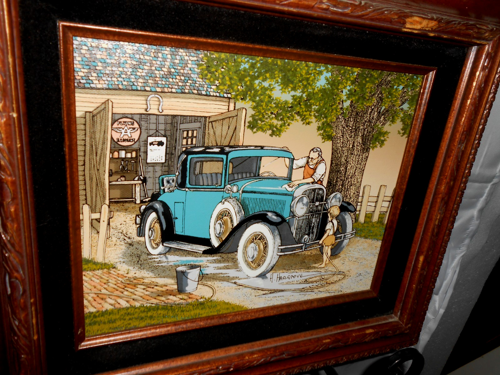 H. Hargrove Car Wash Oil Painting Art On Canvas 8″x10″ frame 13″x15″