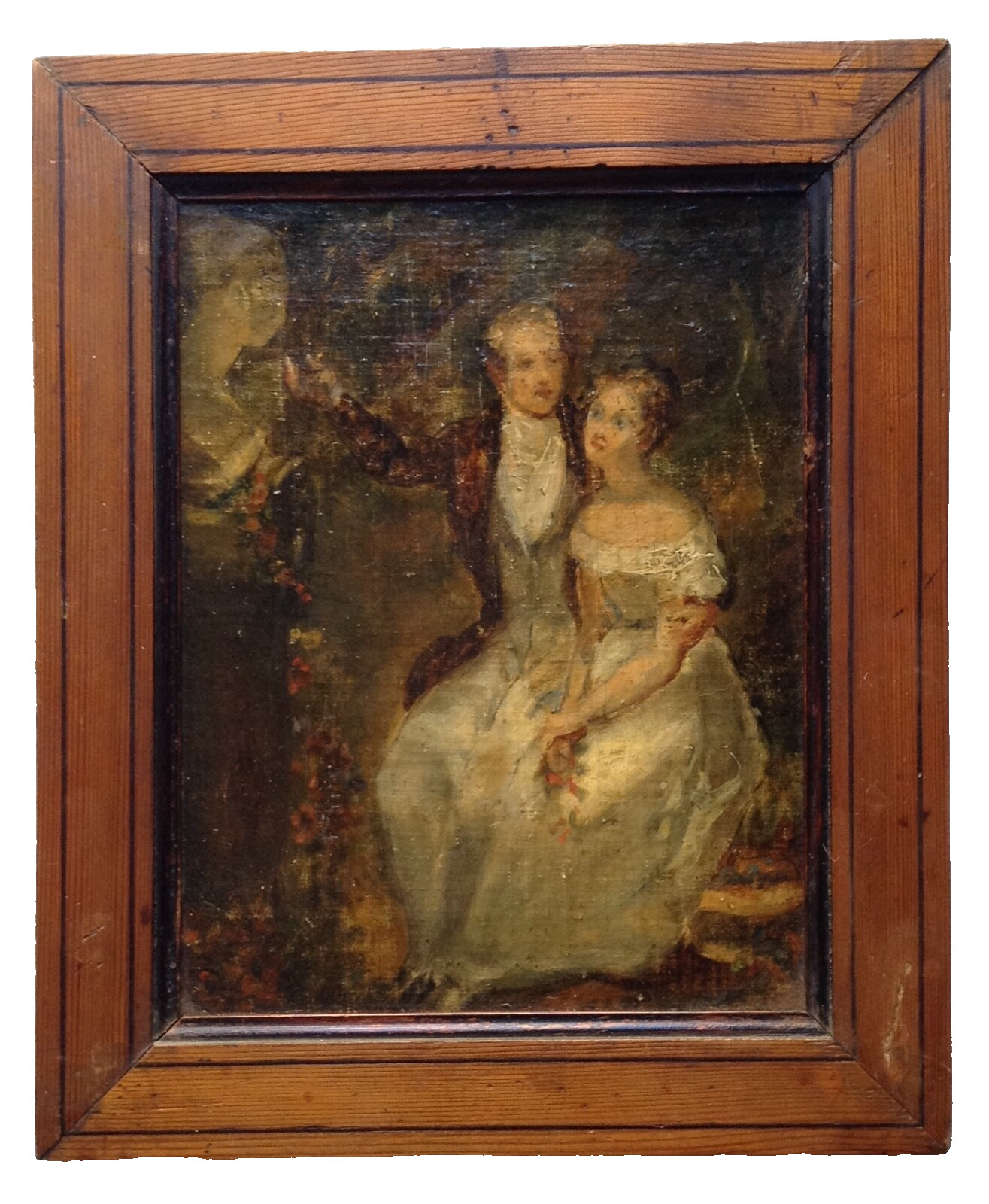 19th CENTURY ROMANTIC OIL PAINTING FIGURES IN A PARK MYSTERY FRENCH SCHOOL 1830