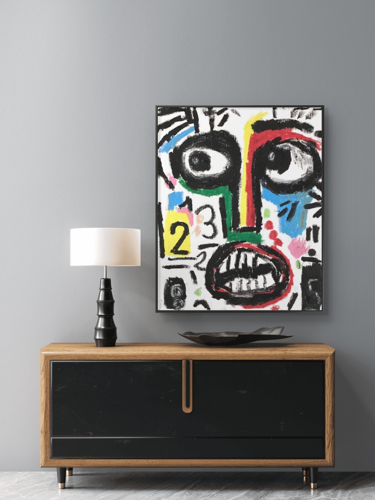 Basquiat Style Graffiti Abstract Face Original Oil Pastel 11×14 on Canvas Panel