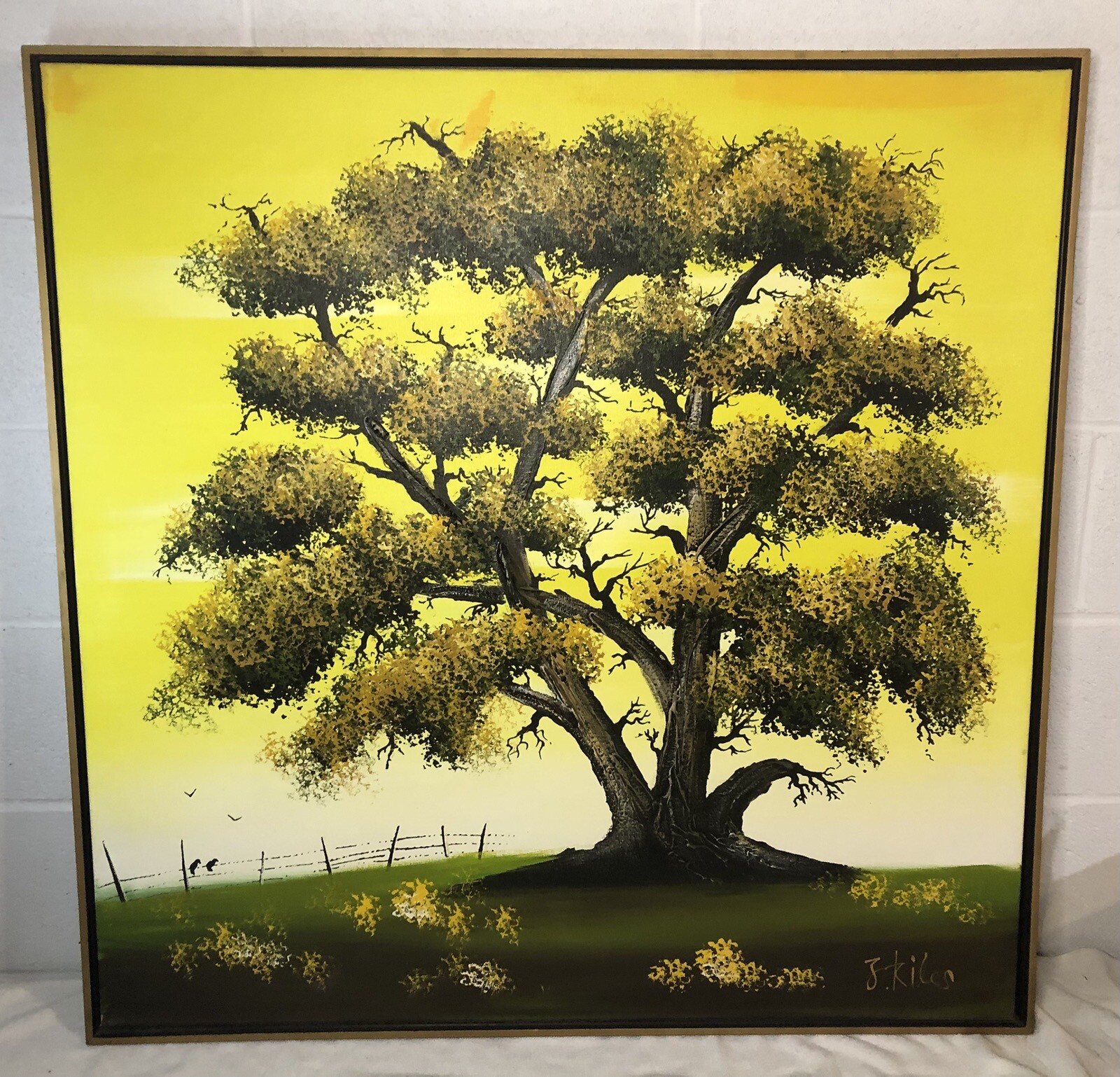Large Original Kiles Oil On Canvas Painting Autumn Fall Tree Leaves Yellow 37×37