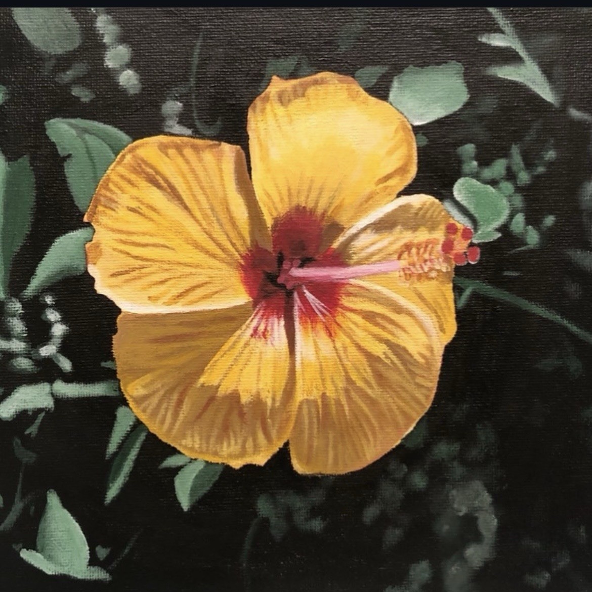 Original Realism Painting – Yellow Hibiscus Flower on Canvas Panel 8in x 10in