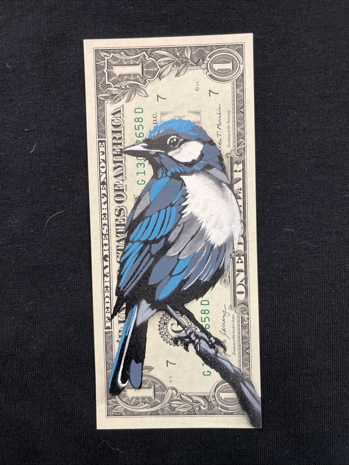 Blue Bird Original 1 Dollar bill painting Tattoo Art Graffiti Art Street Art