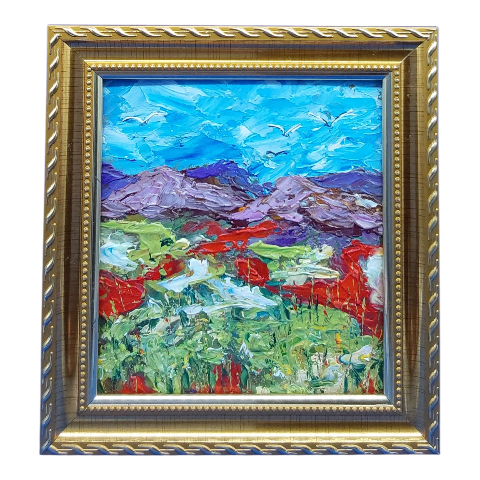 California Poppy Original Oil Painting Gold Framed Handmade Wall Art 4.8×4.3 in