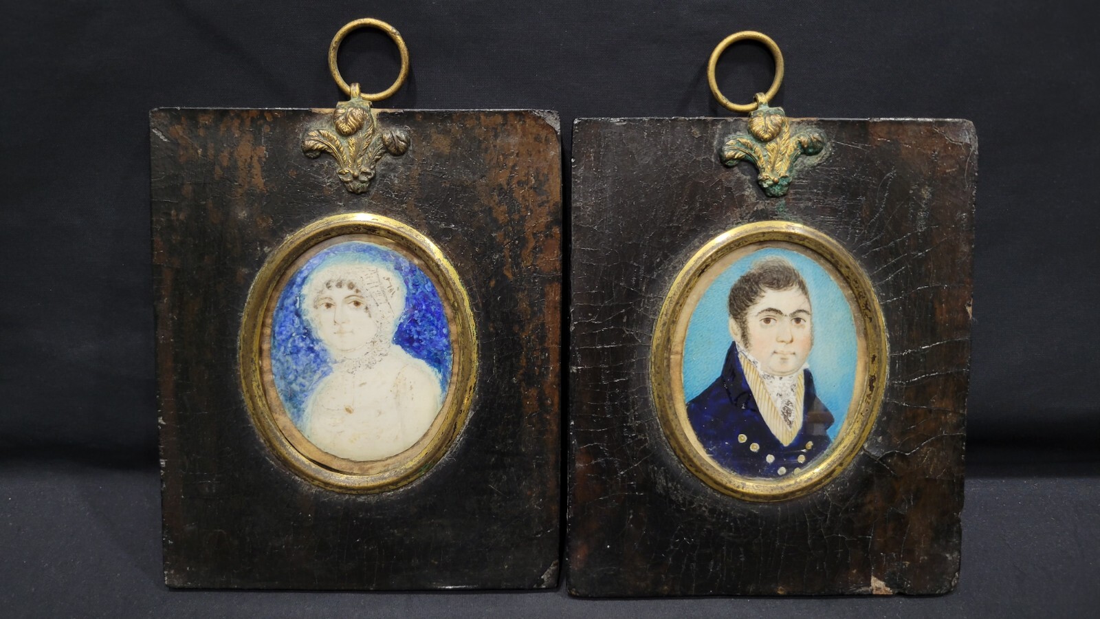 Pair of Antique Miniature Portraits of Young Lady & Gentleman