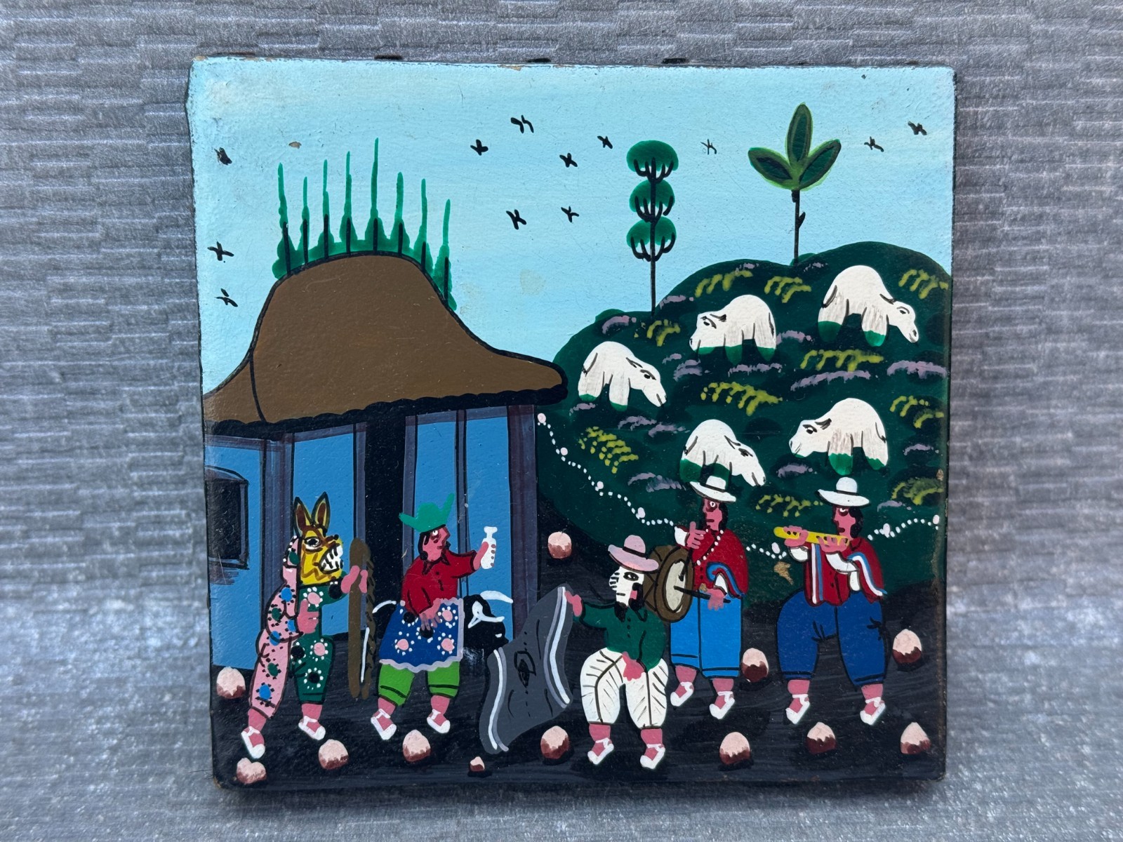 2 ALBERTO RICARDO VEGA ORIGINAL TIGUA PAINTING PERU PERUVIAN FOLK ART ON LEATHER