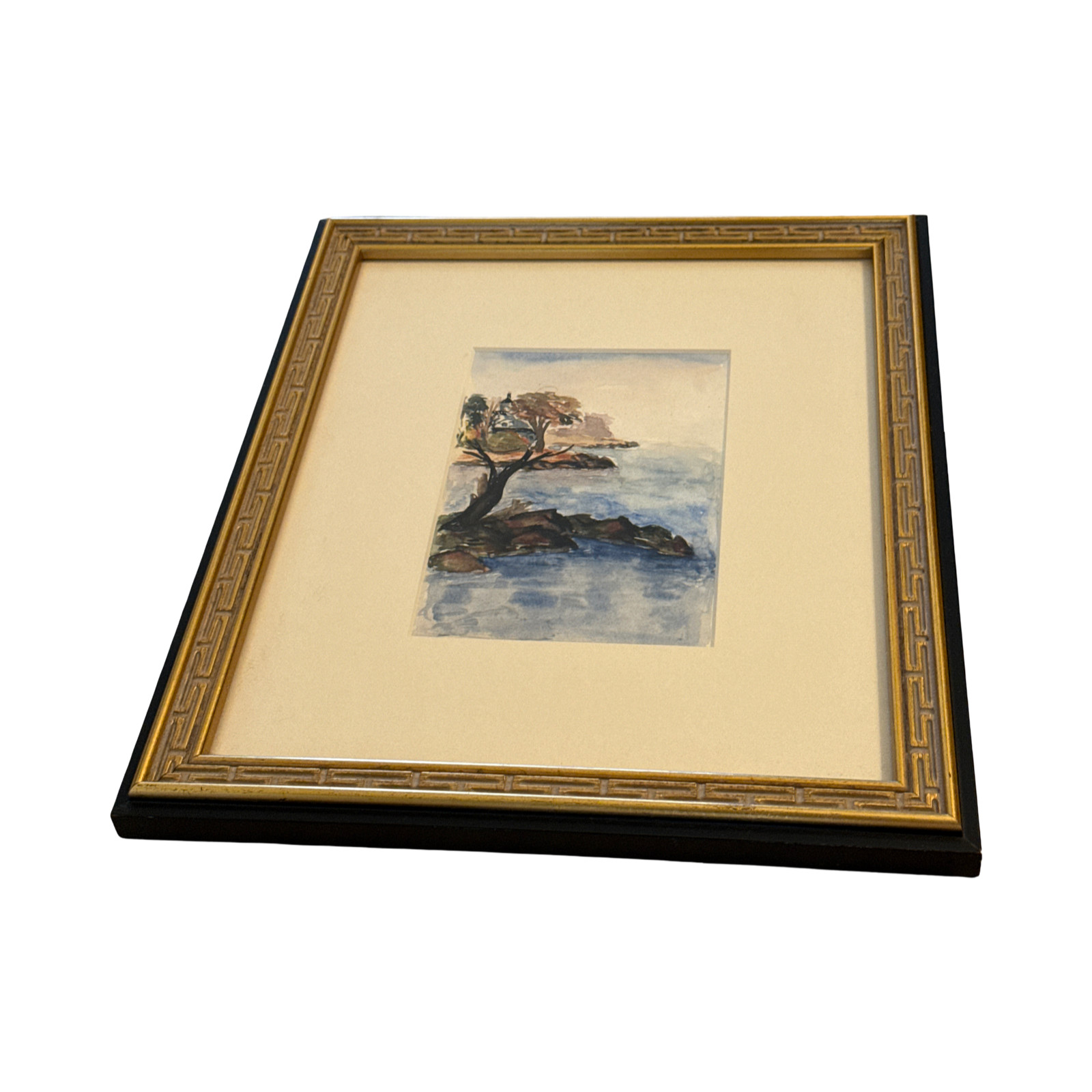 Original Coastal Watercolor in Greek Key Frame • Custom Tru Vue UV Glass