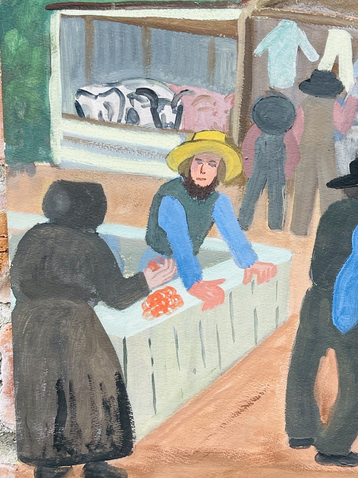 New York. Maine. Modernist Artist Jo Levy Painting. Amish Market Scene Signed JL