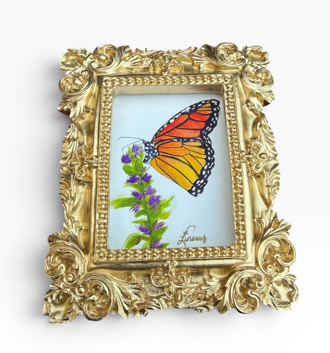 Monarch Butterfly and Lavender mini print in gold vintage style ornate frame