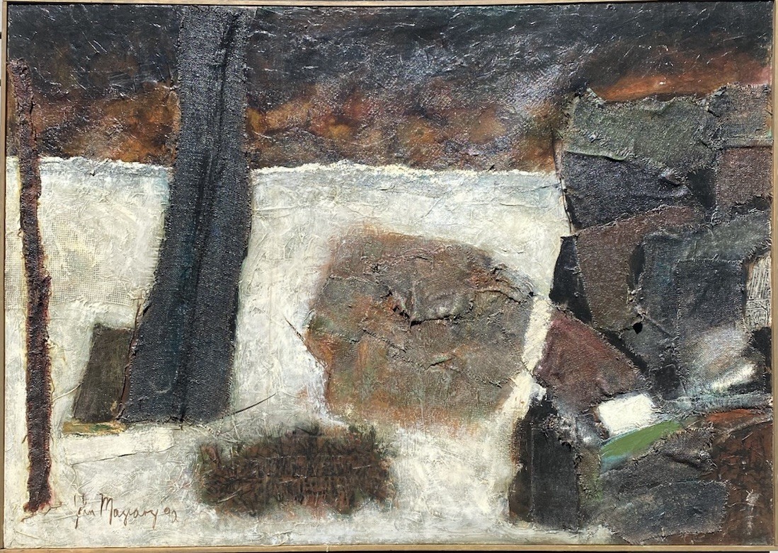 John D. Maziarz “Ledges & Edges” Oil Collage Canvas Abstract 40×56 Signed