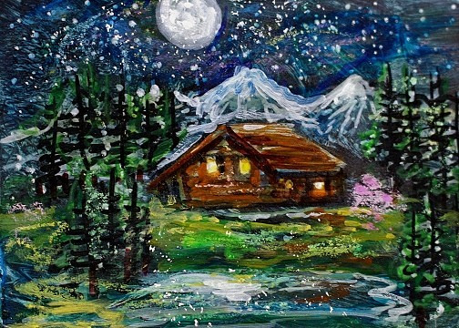 ACEO Original PAINTING Spring TREE Night Sky Moon CABIN Nature Landscape ATC ART
