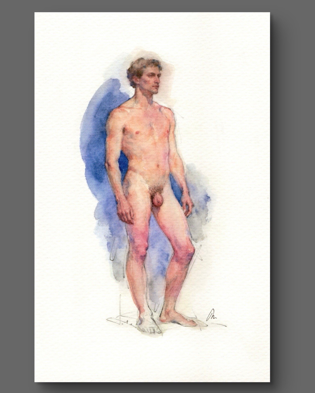 Original Watercolor Painting Classical Male Figure Book Page 5.5 × 8.5 inches)