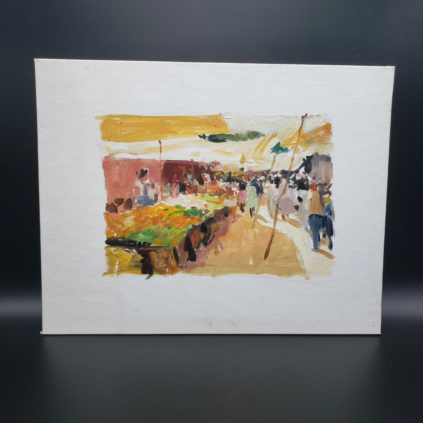 Canvas Board Painting of Outdoor Market Unsigned ( Robert Vaughn Collection )