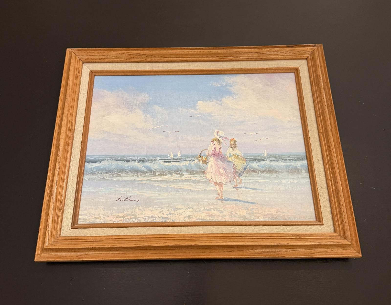 Vintage Coastal Oil Painting- Signed Watkins Framed 20×16″-Original Beach Scene