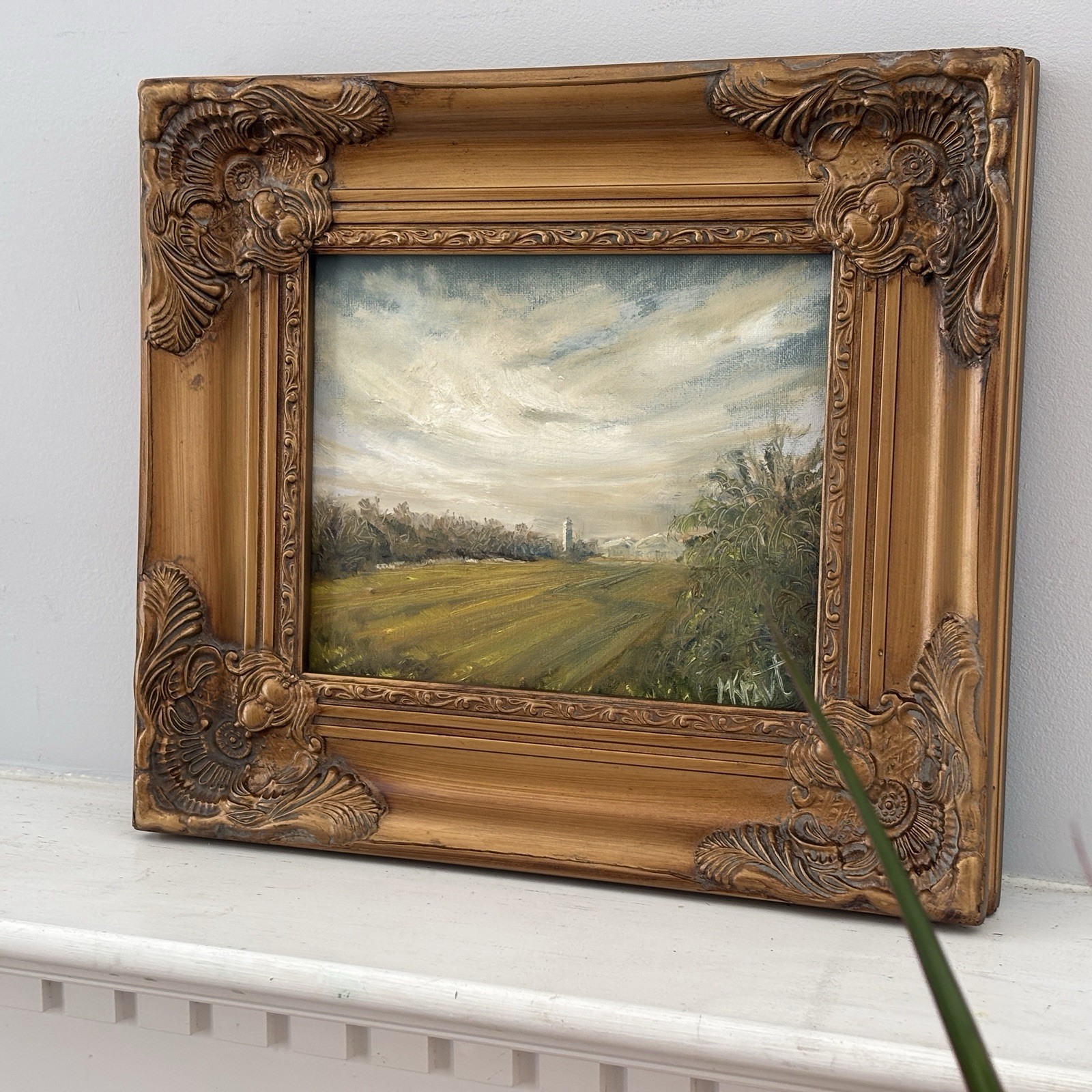 Original Rural Scene Tower Cloudy Landscape Painting Gold Antique Frame OAK Sign