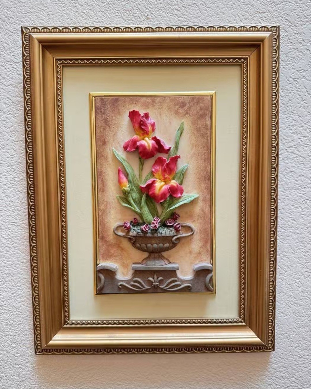 Vintage 3D Floral Relief Wall Art Framed – Tulip Flowers in Vase Decor