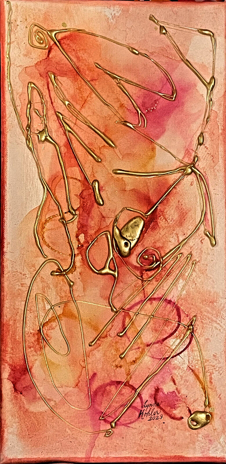 Original painting 8×16″ Abstract textured red Gold Canvas by Lynne Kohler
