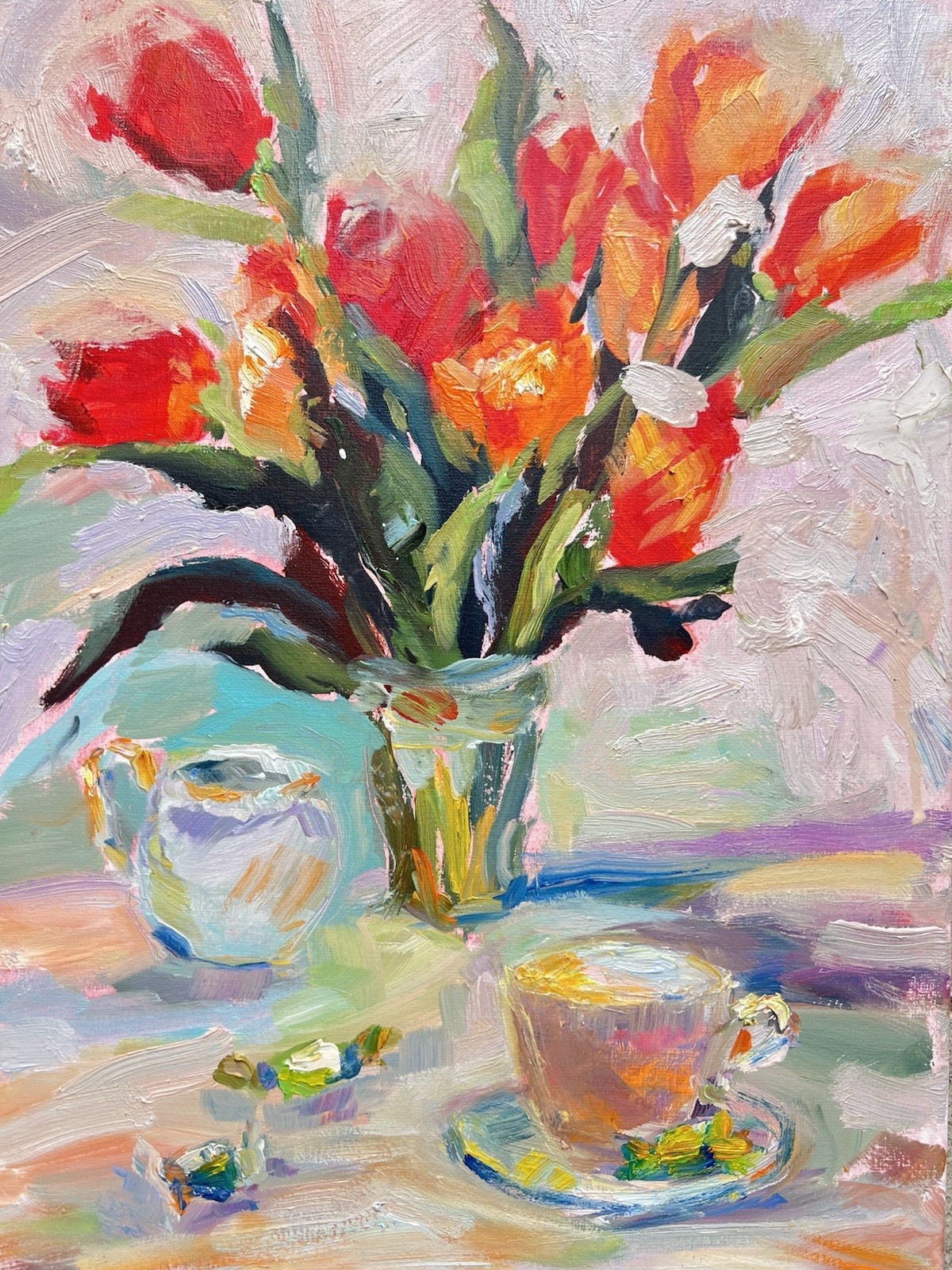 Original Painting Canvas Red Tulips,Art Impressionistic Oil 12х16,