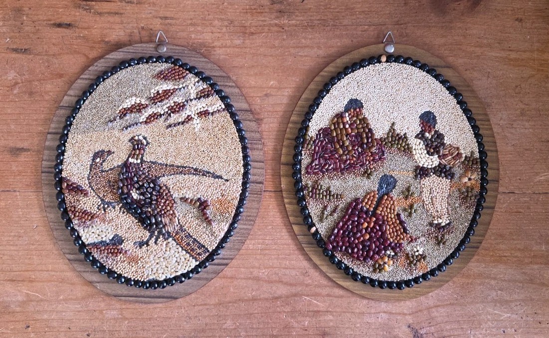 2 Vtg MCM Korean 1960s Mosaic Seed Grain Folk Art Kitcsh Boho Wall Deco Plaques