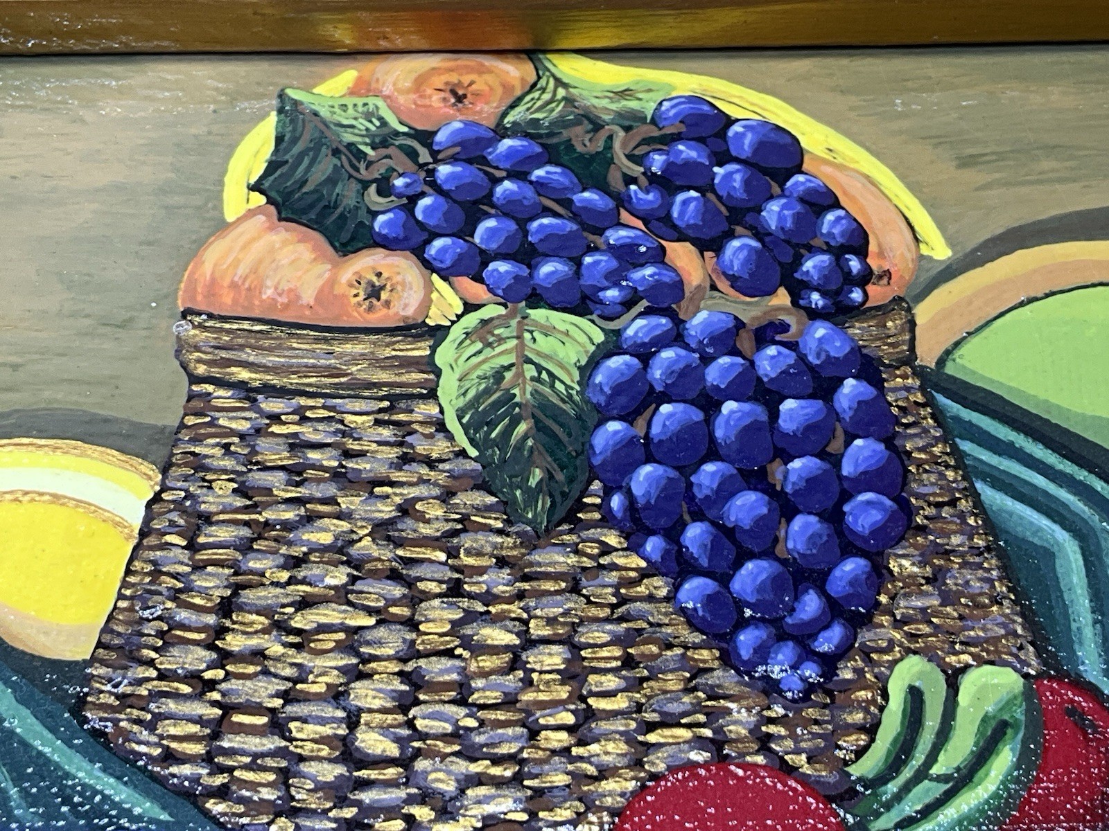Signed MG Peace Haitian Folk Art FRUIT Acrylic on Board Painting 13” In Frame