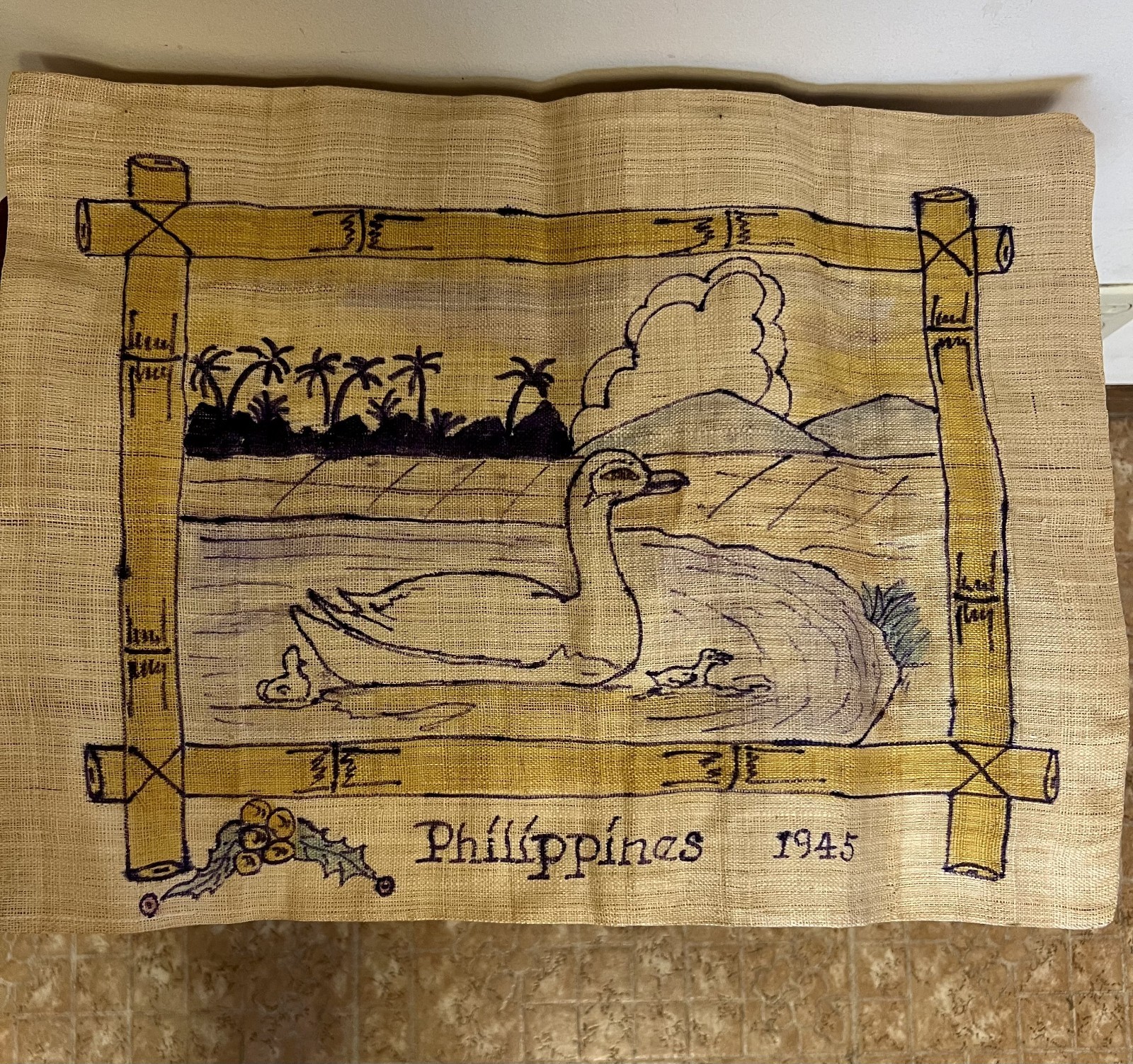 Vintage Phillipines 1945 duck painting on linen