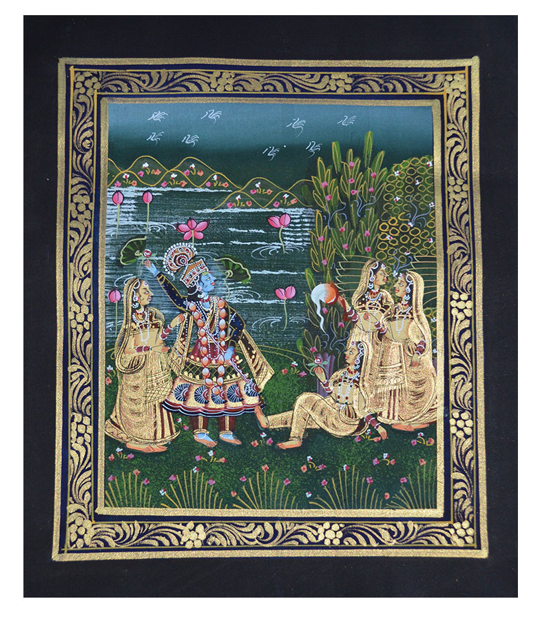 Radha Krishna Miniature Original Painting on Silk Cloth India Natural Colors!