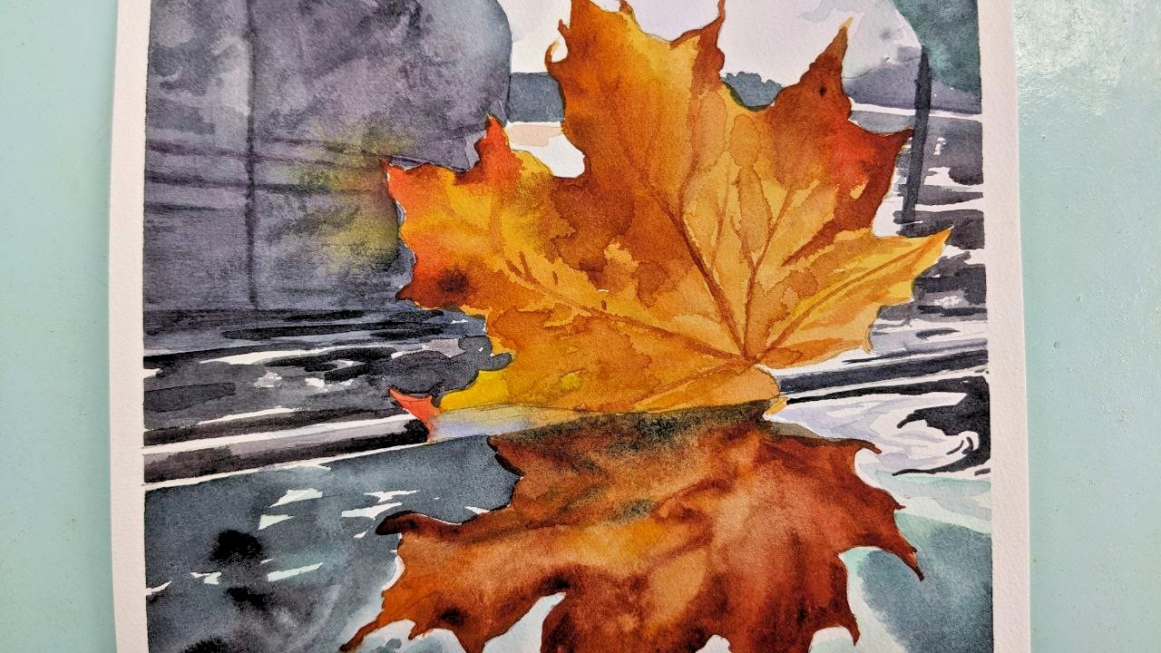 Autumn Orange Leaf in Puddle Reflection Watercolor Painting Seasonal City A4 Art