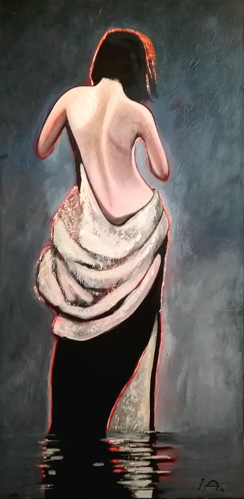 Model Woman Back Figurative Painting in Grey Tone Acrylic on Canvas 24″x48″