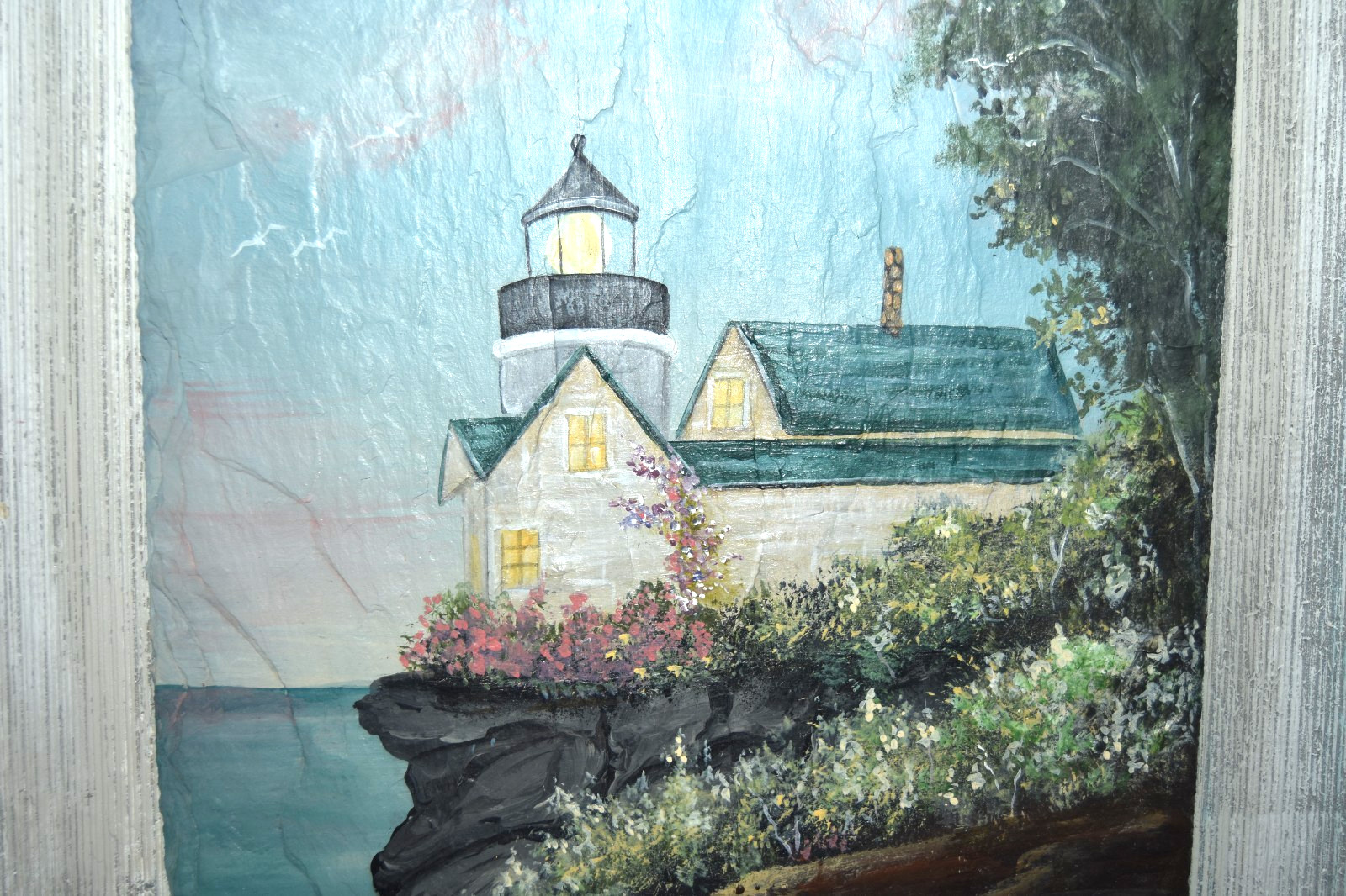 HAND PAINTED SLATE, LIGHTHOUSE PICTURE, 18″X9″ IMPRESSIONISM NAUTICAL, COASTAL