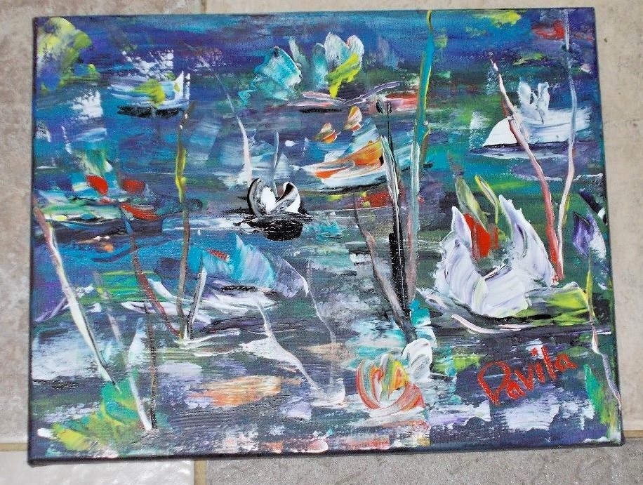 ORIGINAL «WATER LILLY ESCAPADE» IMPRESSIONISTIC ACRYLIC PAINTING BY DAVILA 11X14