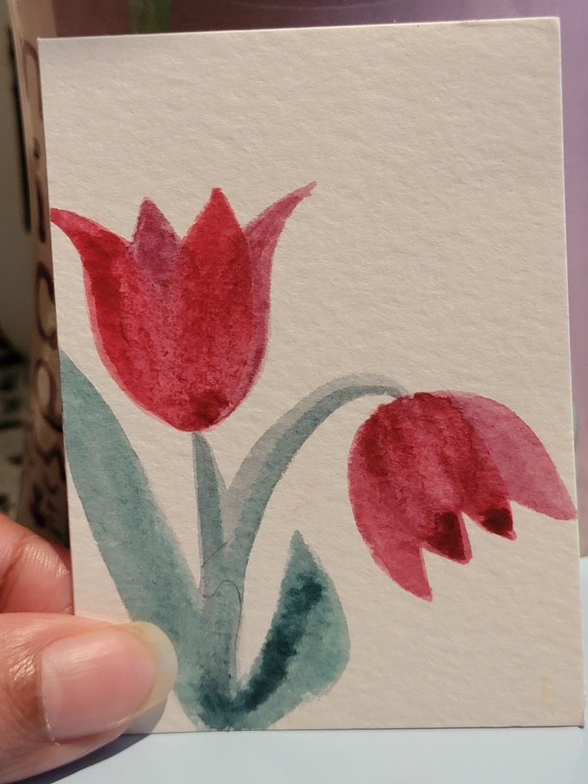 ACEO Original Natural Red Tulip Flowers Watercolor Hand Painted & Drawn