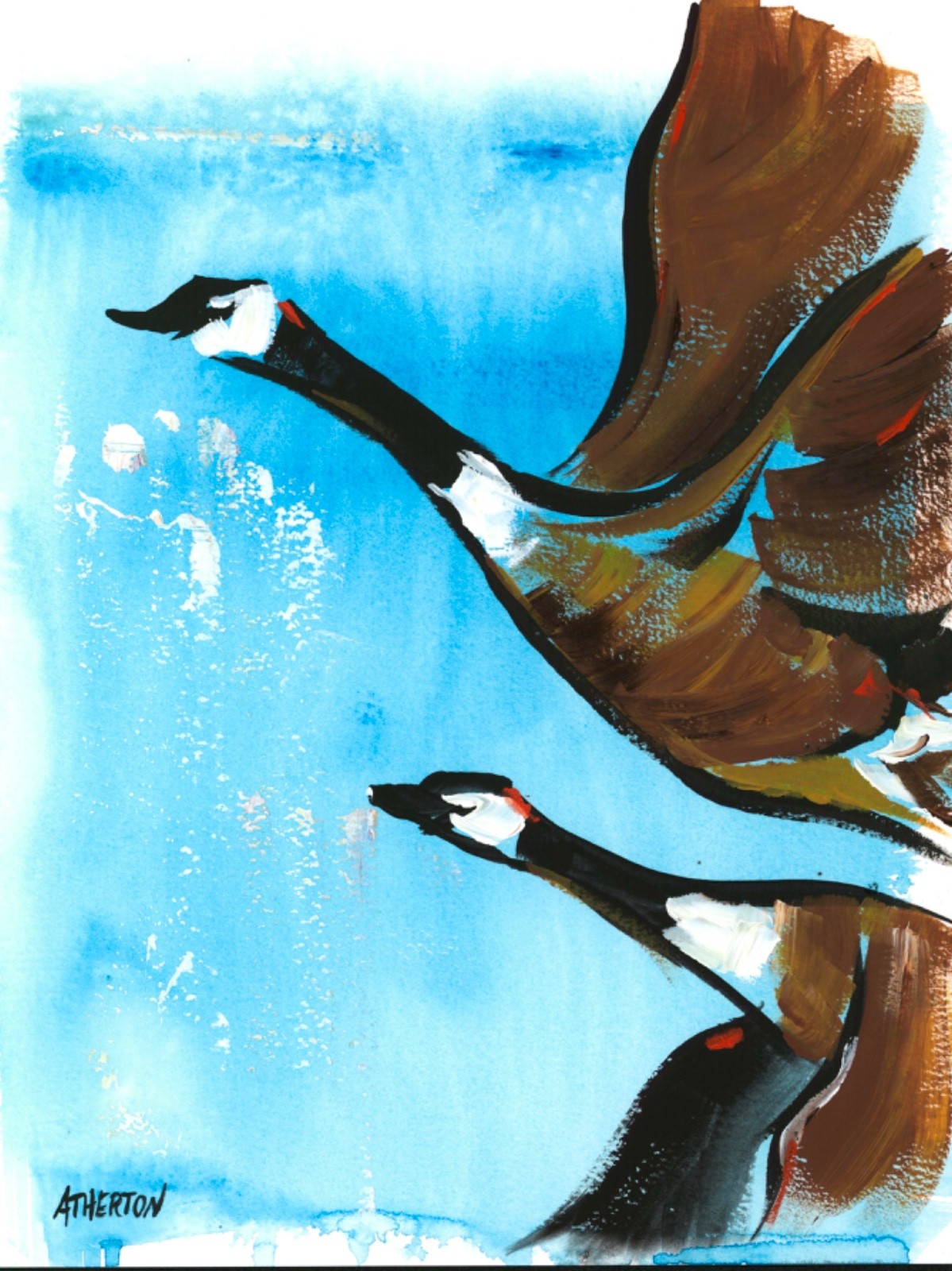 Atherton 9×12 Original Abstract loose Acrylic Painting «Pair of Geese 2» signed