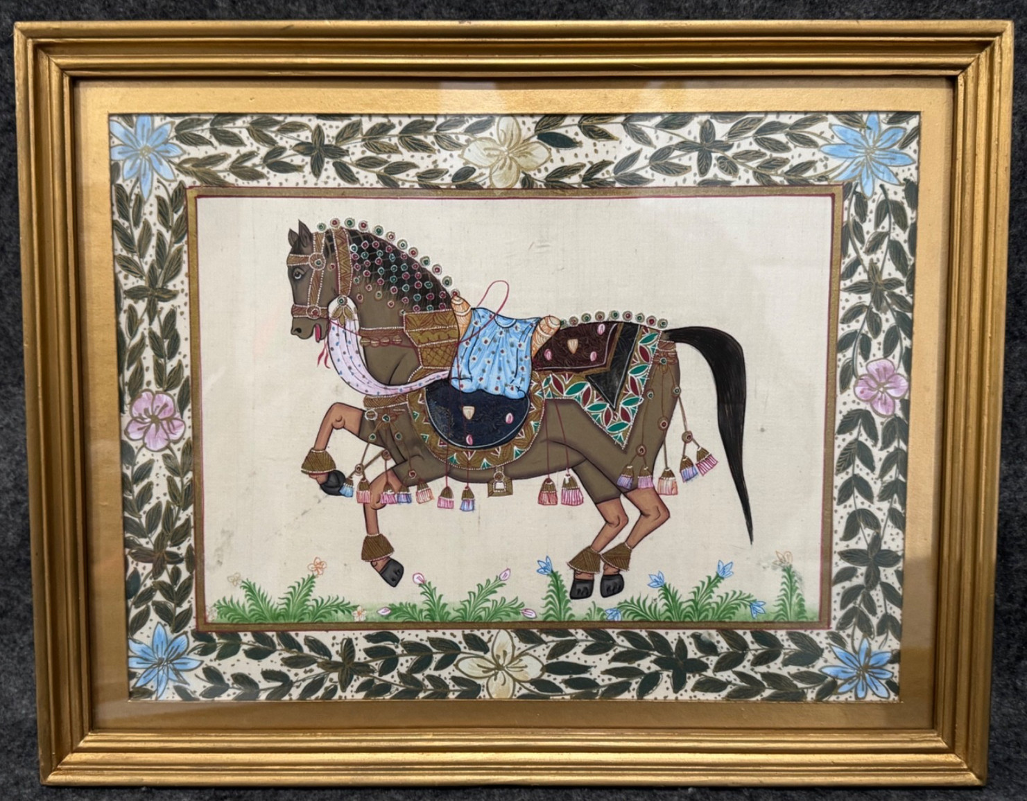 Framed Hand-Painted Indian Mughal Gouache Painting of Horse on Silk 9×12