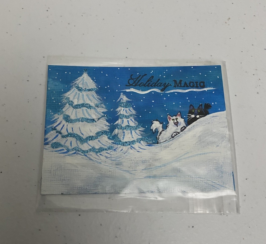 ACEO Original Pryjmak Painting Cat Black & White Holidays 2.5×3.5”