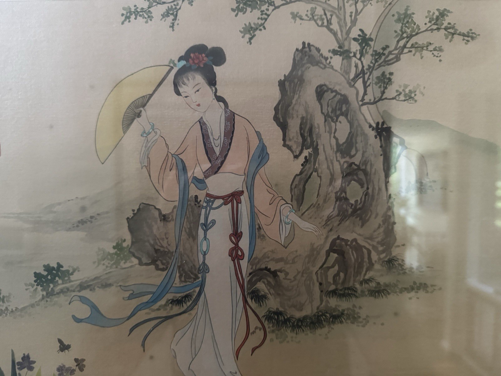 Antique LEE TINGHUA (20th C., China) Signed Ladies In Garden Framed Painting