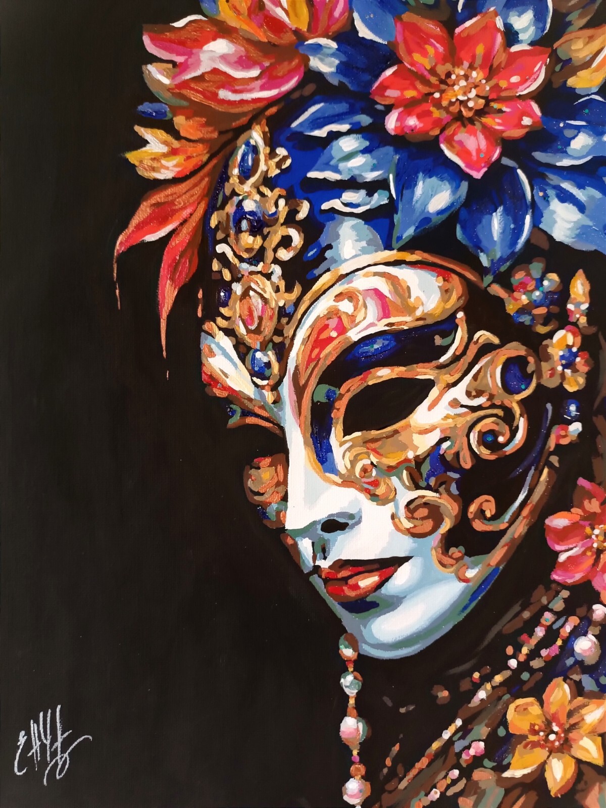 30*40cm acrylic art painting, portrait of venetian mask (canvas, handmade)