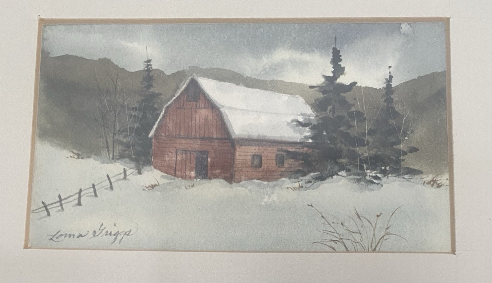 Original Watercolor Framed Matted Winter Red Barn Signed Lorna Griggs